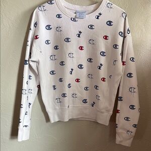 Champion Reverse Weave White Sweatshirt with Blue and Red Logos